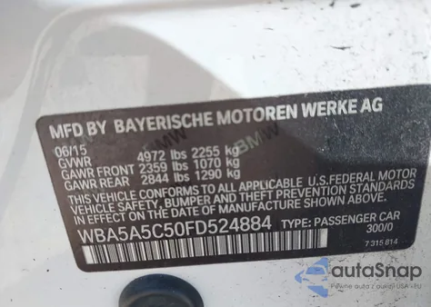 2015 BMW 528I z USA, uszkodzony, nr VIN WBA5A5C50FD524884